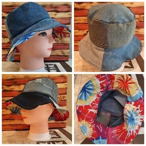 Handmade denim patch scrap bucket Hat M-L tie dye brim